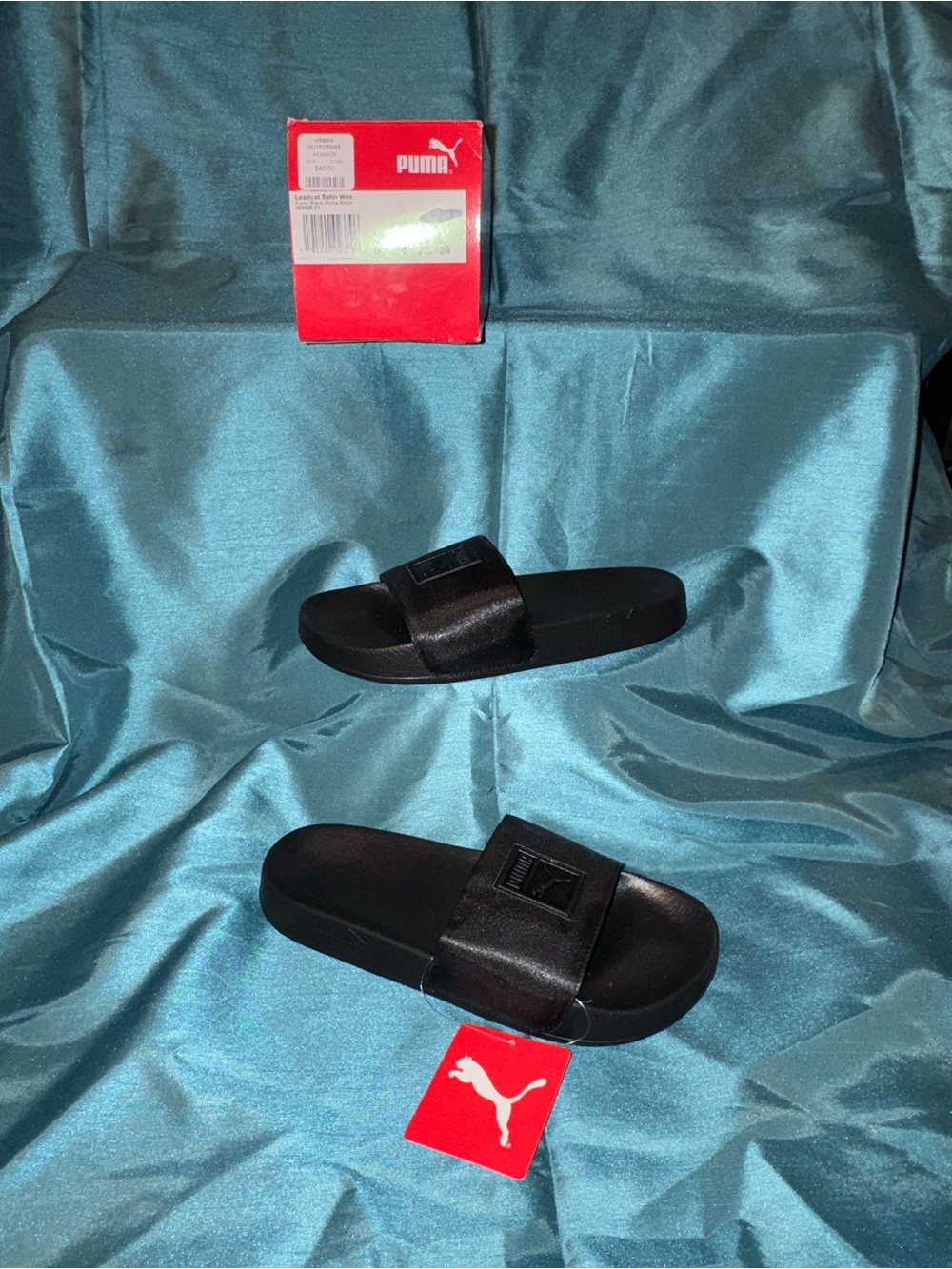 Puma Leadcat Leather Black Women’s Slide Sandals w/satin logo strap - size 7.5